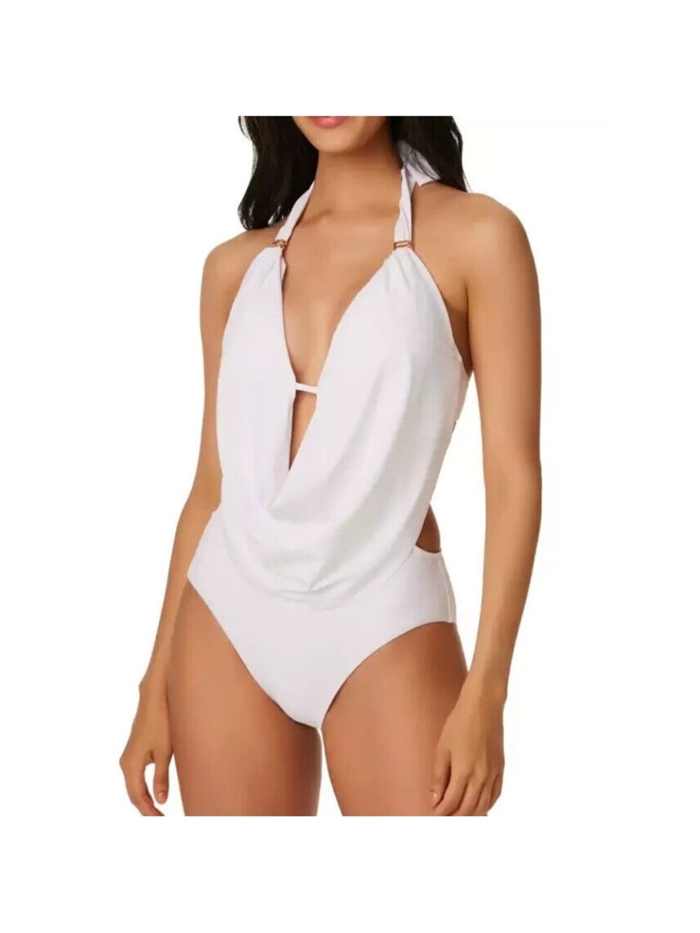 Bar III White Cowlneck drape monokini Halter One-Piece Swimsuit Large NWT